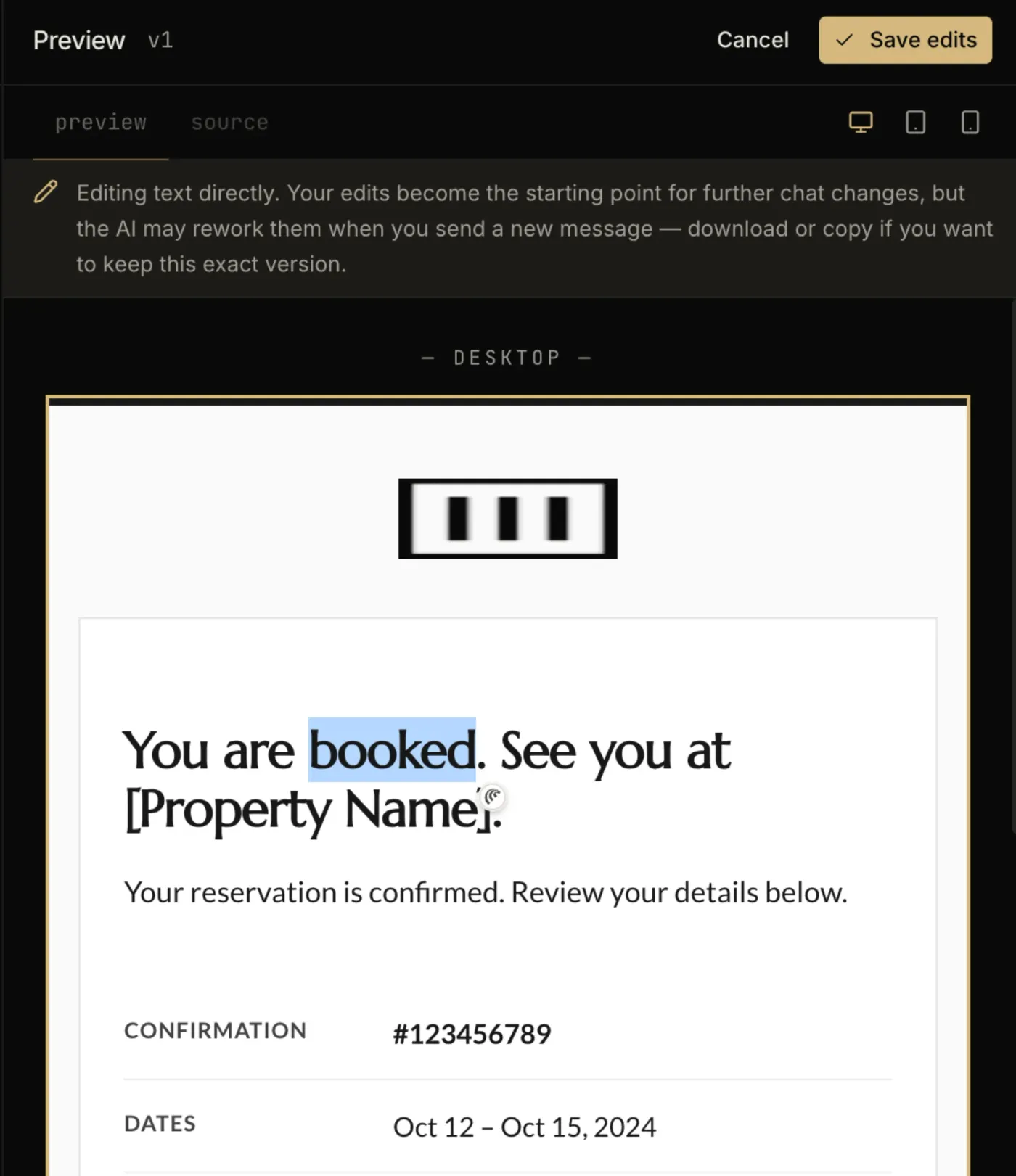The EmailTemple studio editing a rendered email directly in the preview, with save and cancel controls