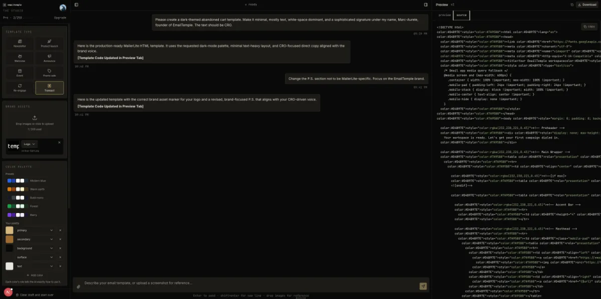 EmailTemple studio export panel — one-click export to Mailchimp, MailerLite or ActiveCampaign with ESP-specific HTML output.