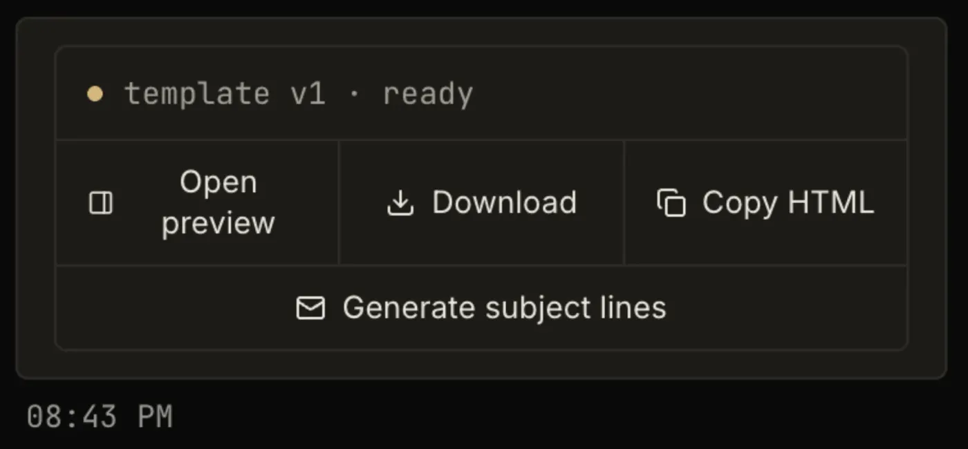 EmailTemple action card: open preview, download, copy HTML and generate subject lines