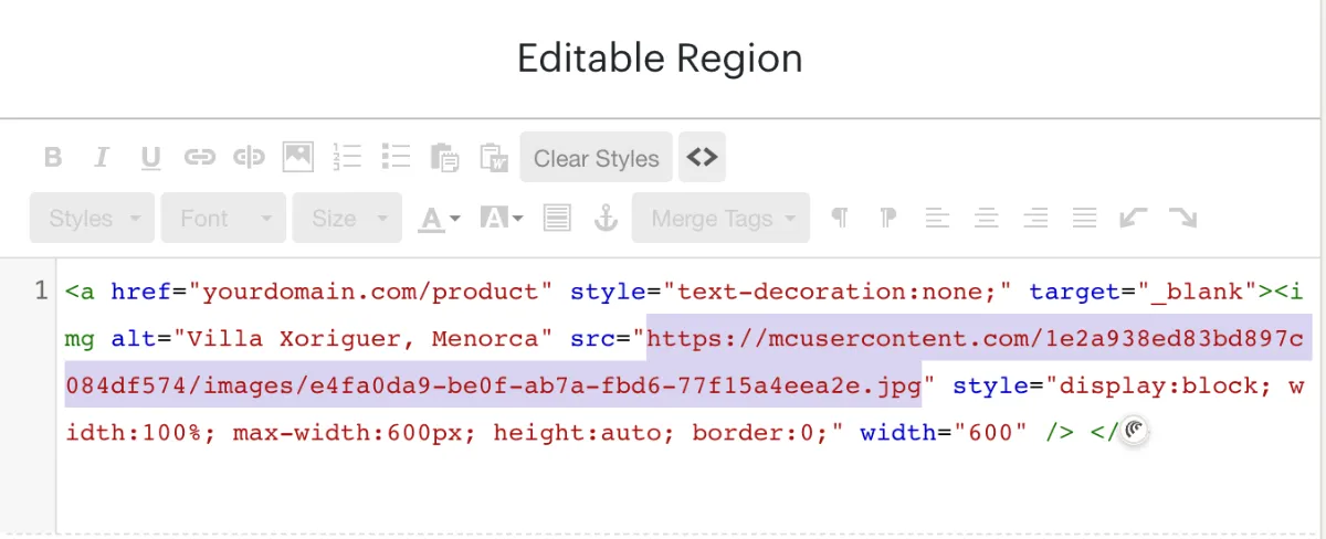 Mailchimp’s legacy editable-region editor with the source view open, the image src attribute highlighted and pointing at an mcusercontent.com URL