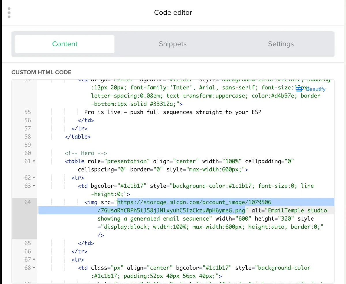 MailerLite’s code editor showing custom HTML with an image src attribute highlighted, pointing at a storage.mlcdn.com URL