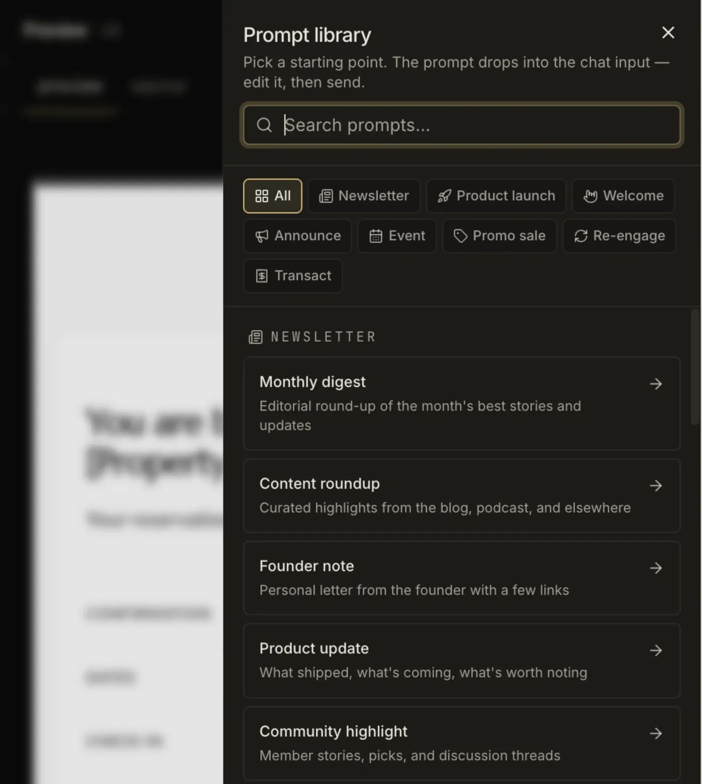 EmailTemple prompt library: pre-written briefs filtered by template type
