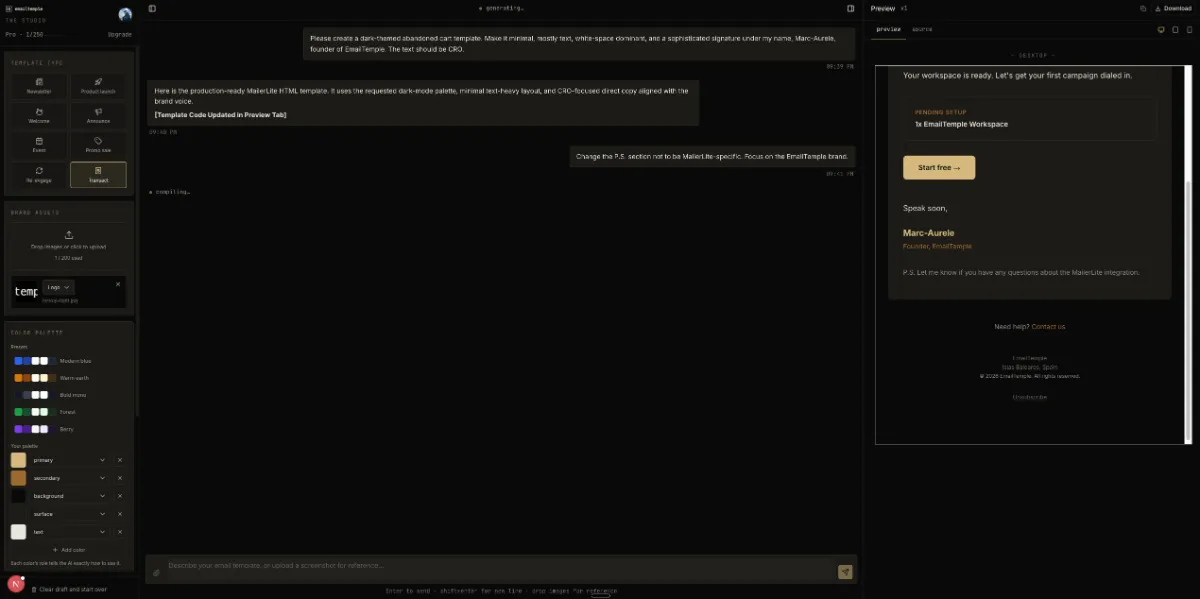 EmailTemple studio refine view — chat refinement turns showing CTA color and paragraph edits applied to the email draft.