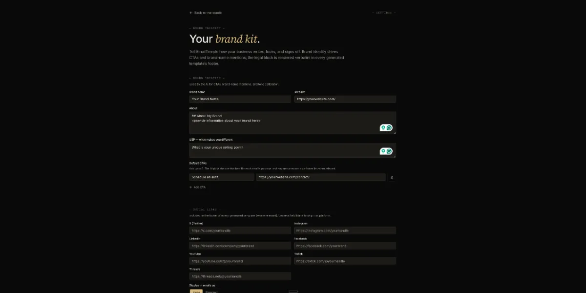 EmailTemple studio brand-kit setup — colors, fonts, logo, voice and footer fields filled in for one brand.