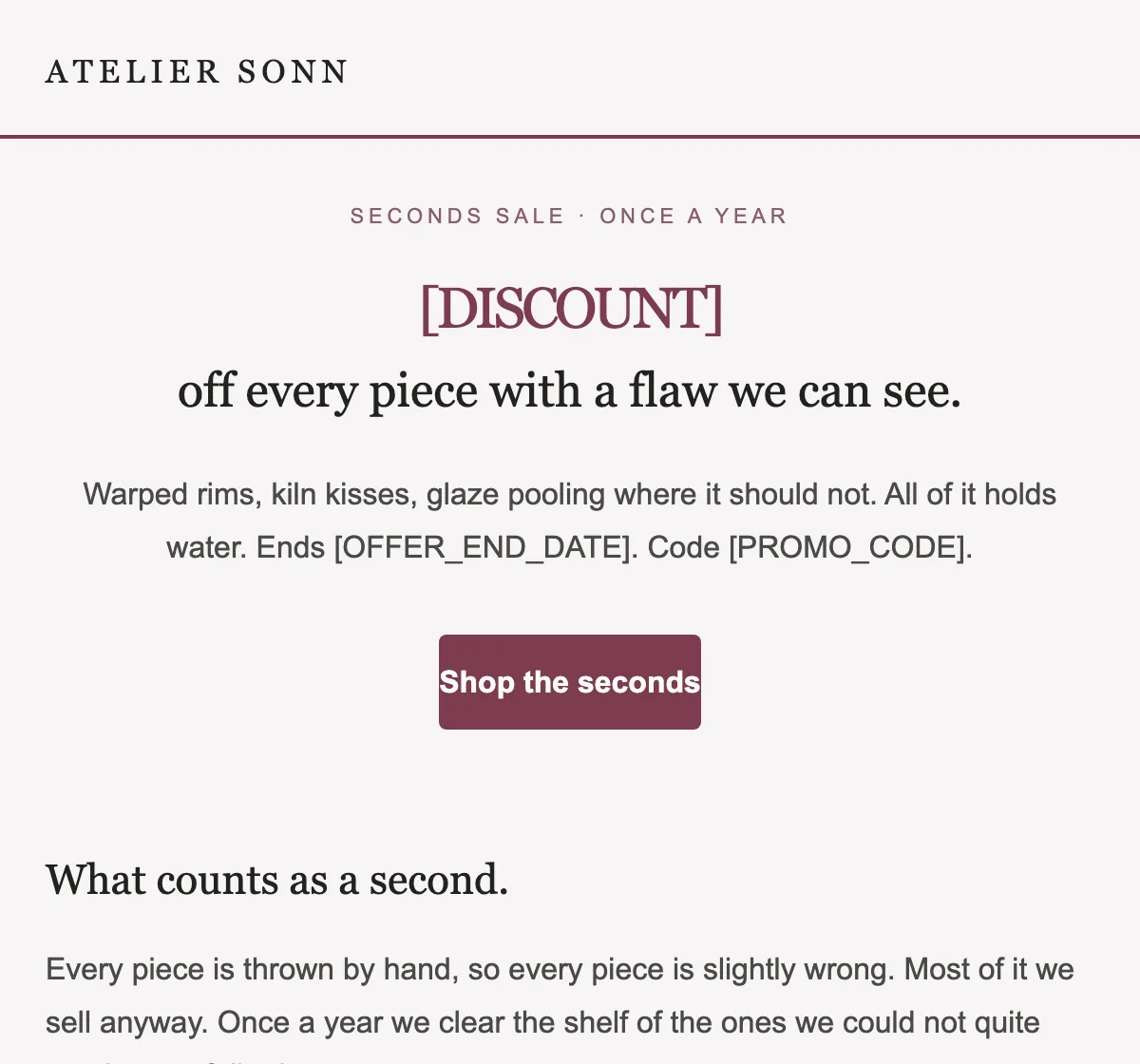 A seconds-sale email for the ceramics studio Atelier Sonn, with a large bracketed DISCOUNT placeholder as the headline.