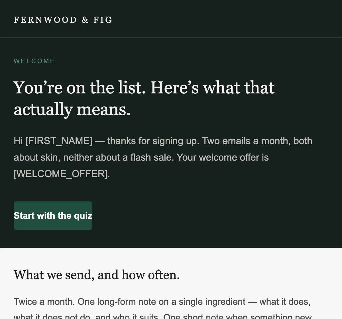 A welcome email for Fernwood & Fig on a deep green background, headline reading “You’re on the list. Here’s what that actually means.”