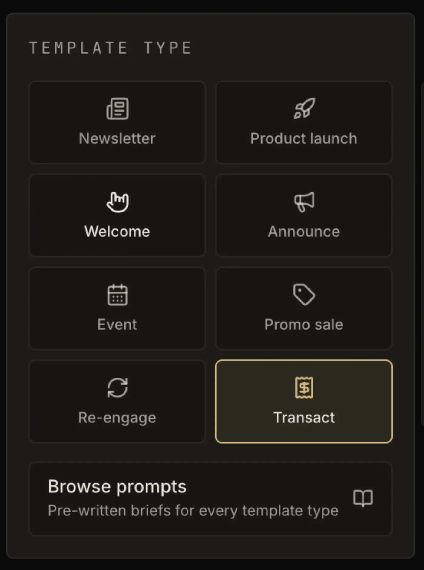 The EmailTemple studio template-type picker showing Newsletter, Product launch, Welcome, Announce, Event, Promo sale, Re-engage and Transact