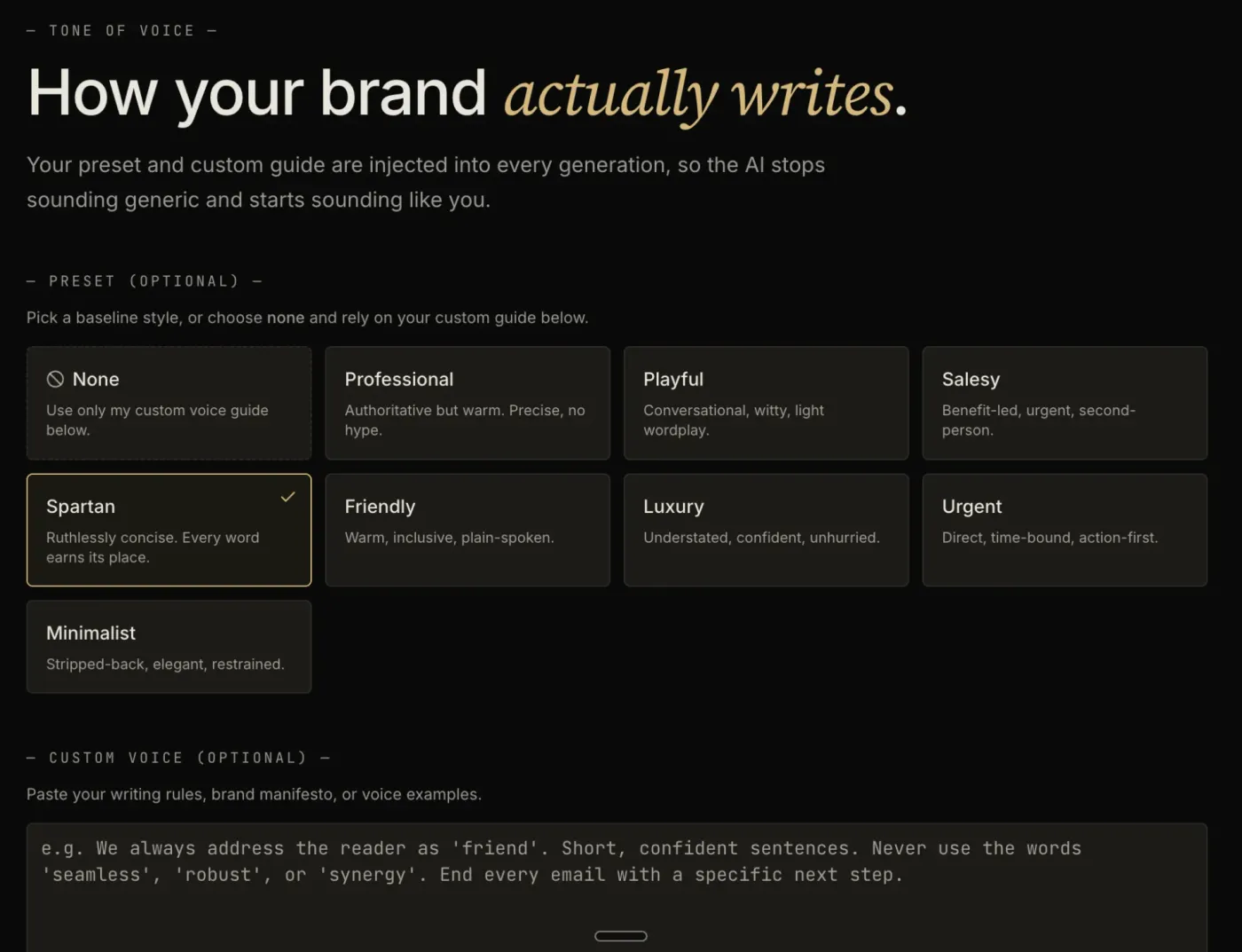EmailTemple tone of voice settings: preset styles like Spartan and Luxury plus a custom voice guide