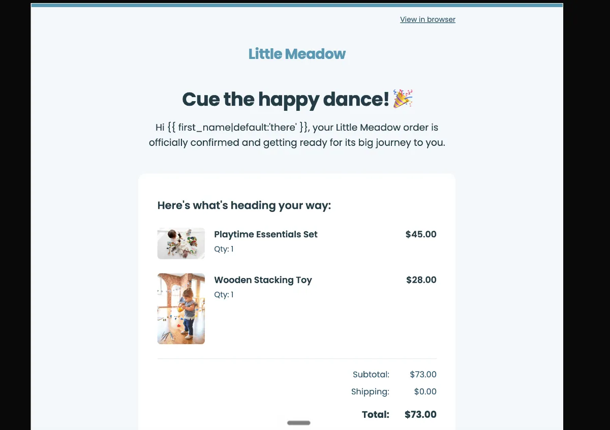 Baby order confirmation email — Klaviyo