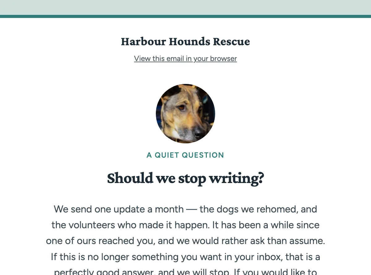 Break-up email for an animal rescue list — Mailchimp