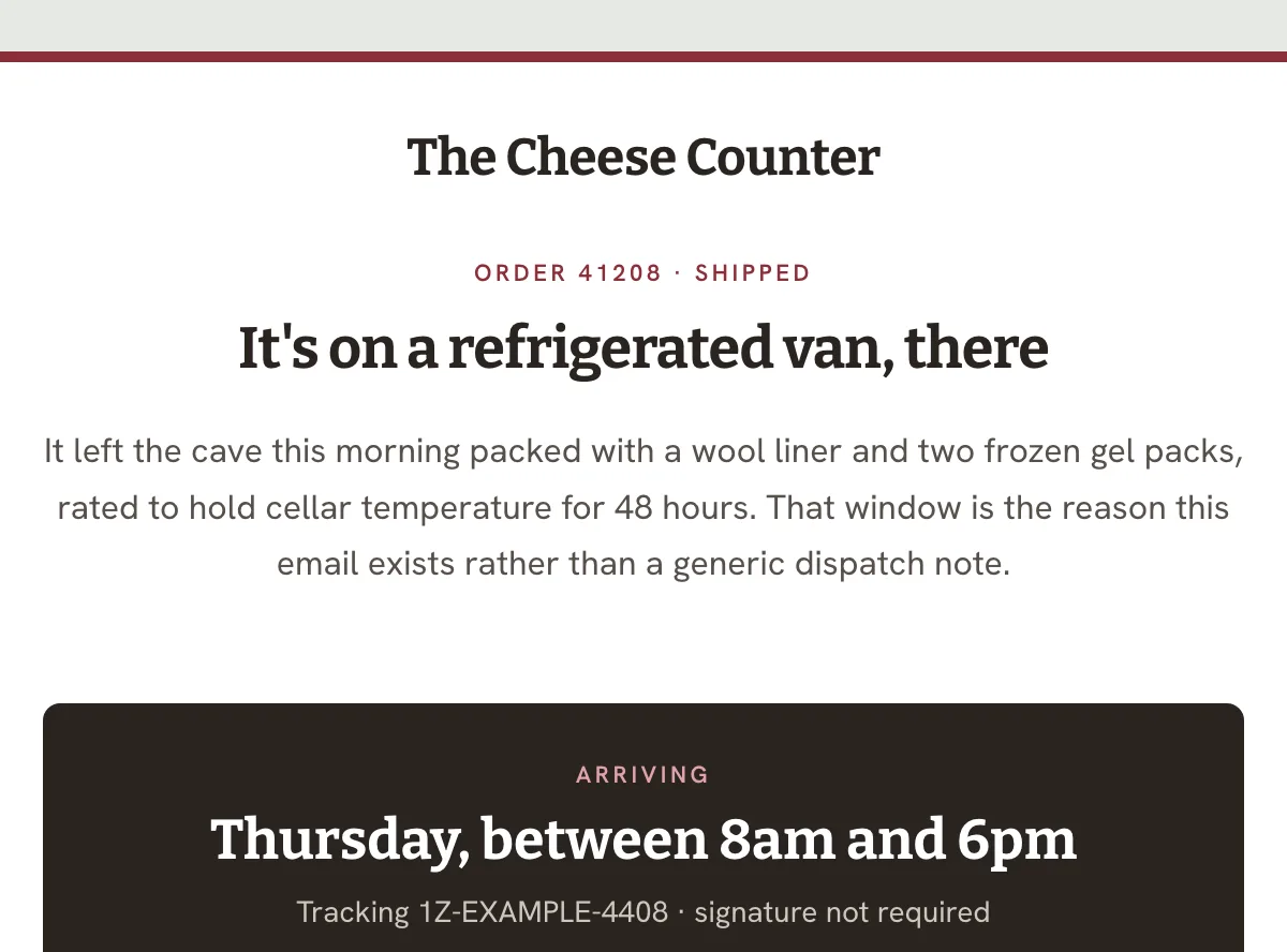 Artisan cheese shipping confirmation — Klaviyo