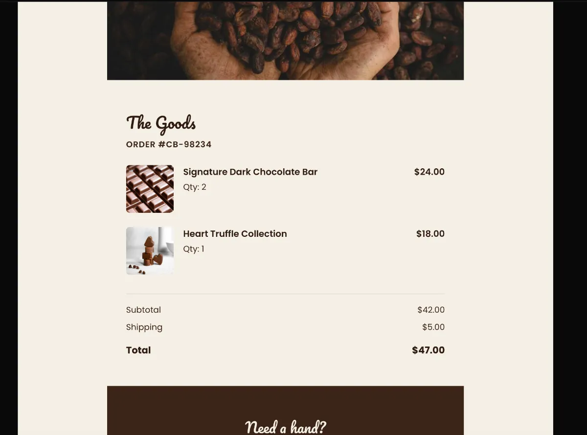 Chocolate order confirmation — Klaviyo