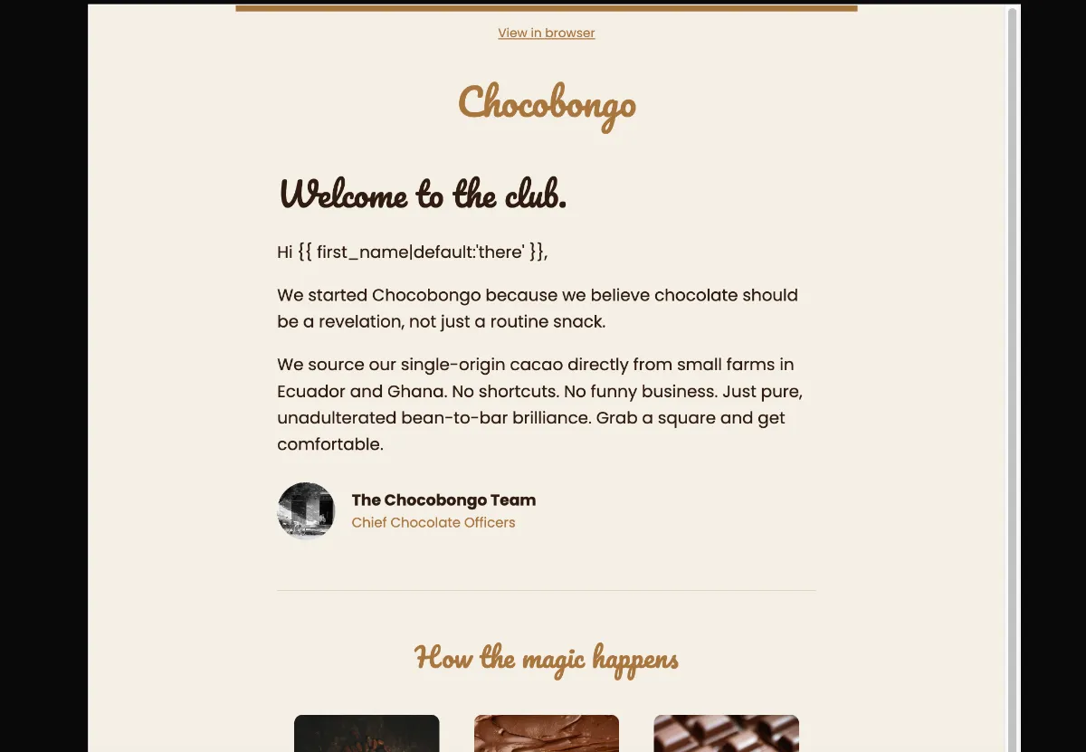 Single-origin chocolate welcome — Klaviyo