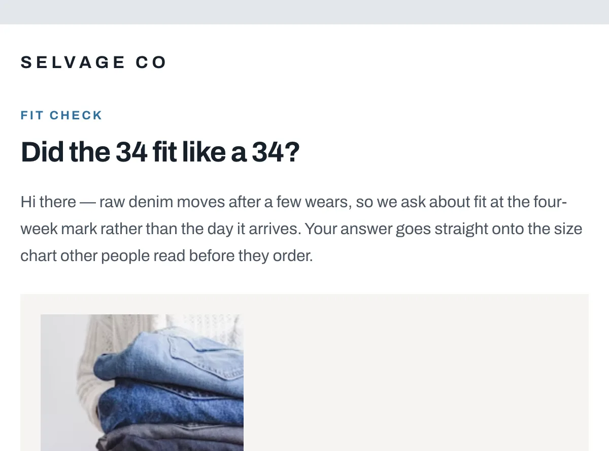 Denim fit feedback survey — Klaviyo