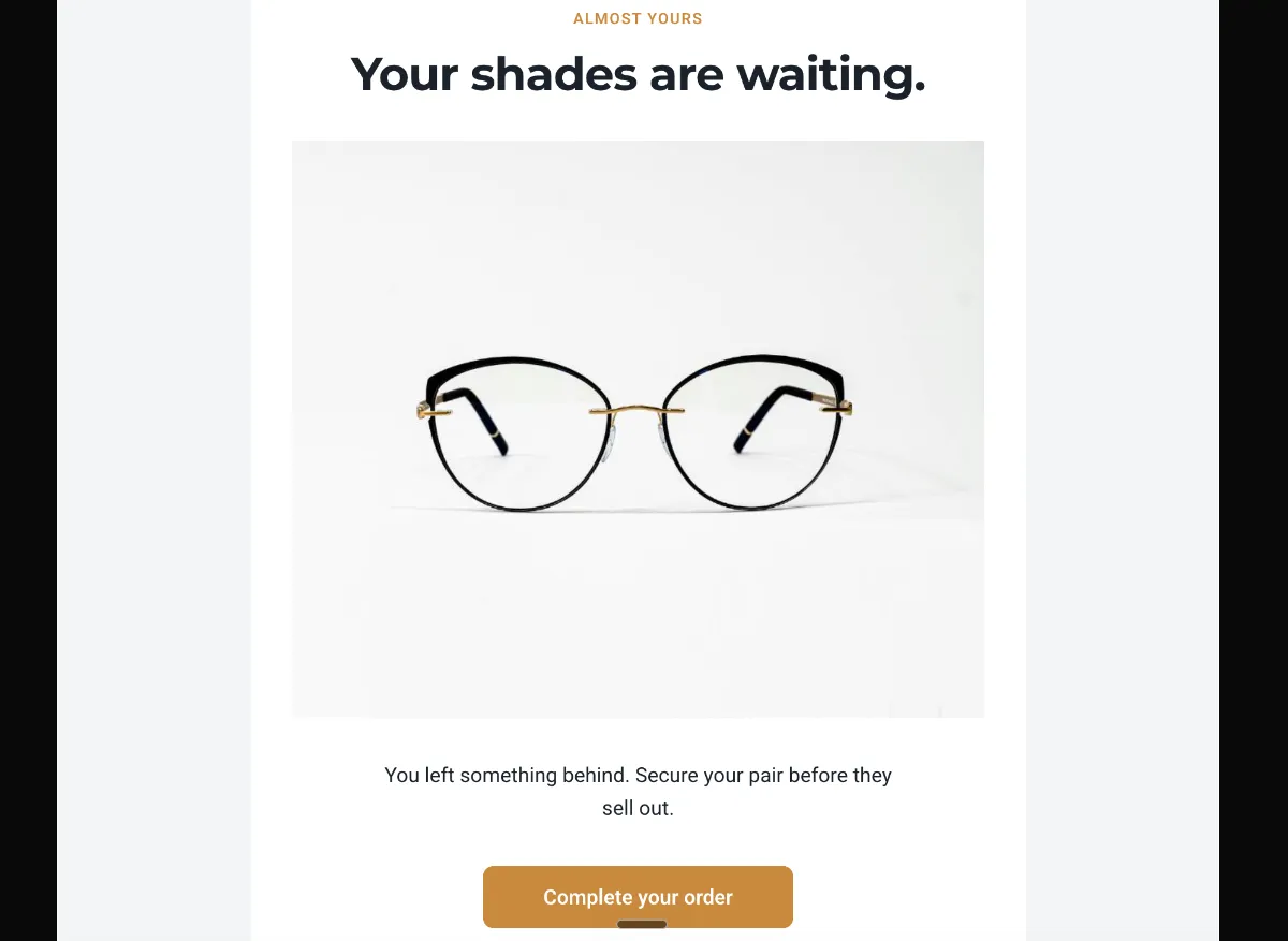 Sunglasses abandoned cart recovery — Klaviyo