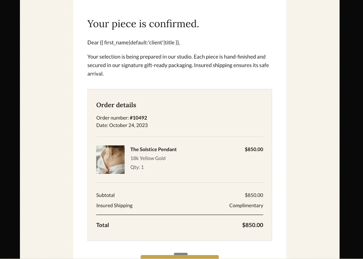 Fine jewelry order confirmation — Klaviyo