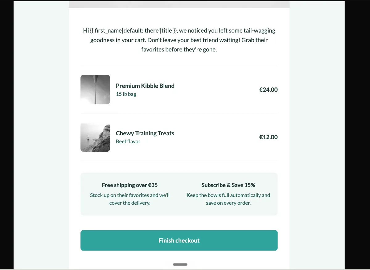 Pet food cart recovery reminder — Klaviyo