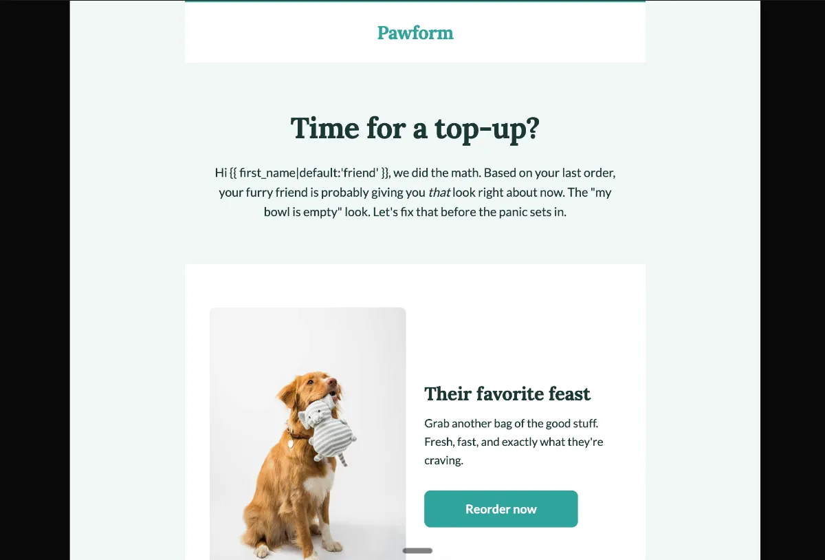 Pet food replenishment reminder — Klaviyo