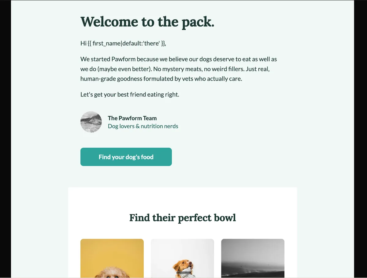 Dog food welcome with food finder — Klaviyo