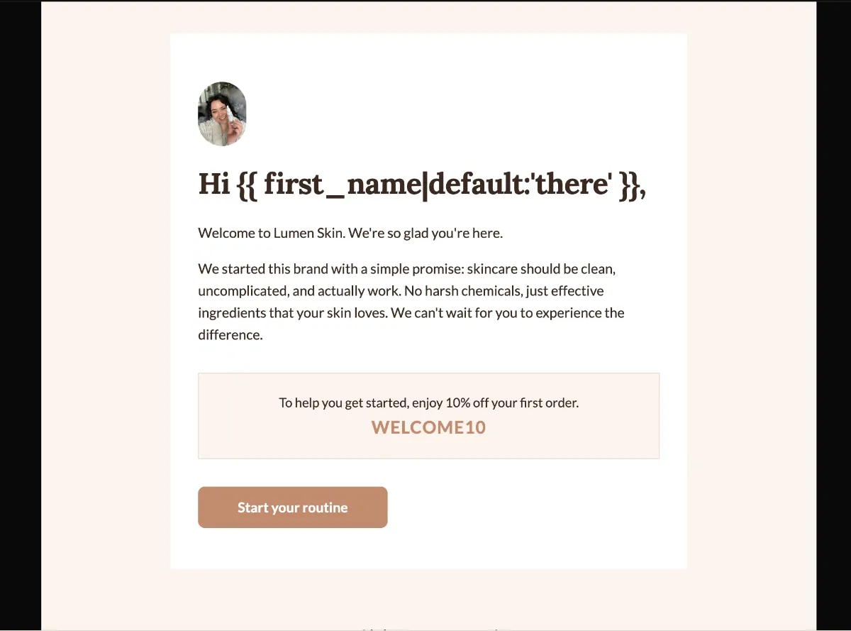Clean-skincare welcome with first-order code — Klaviyo