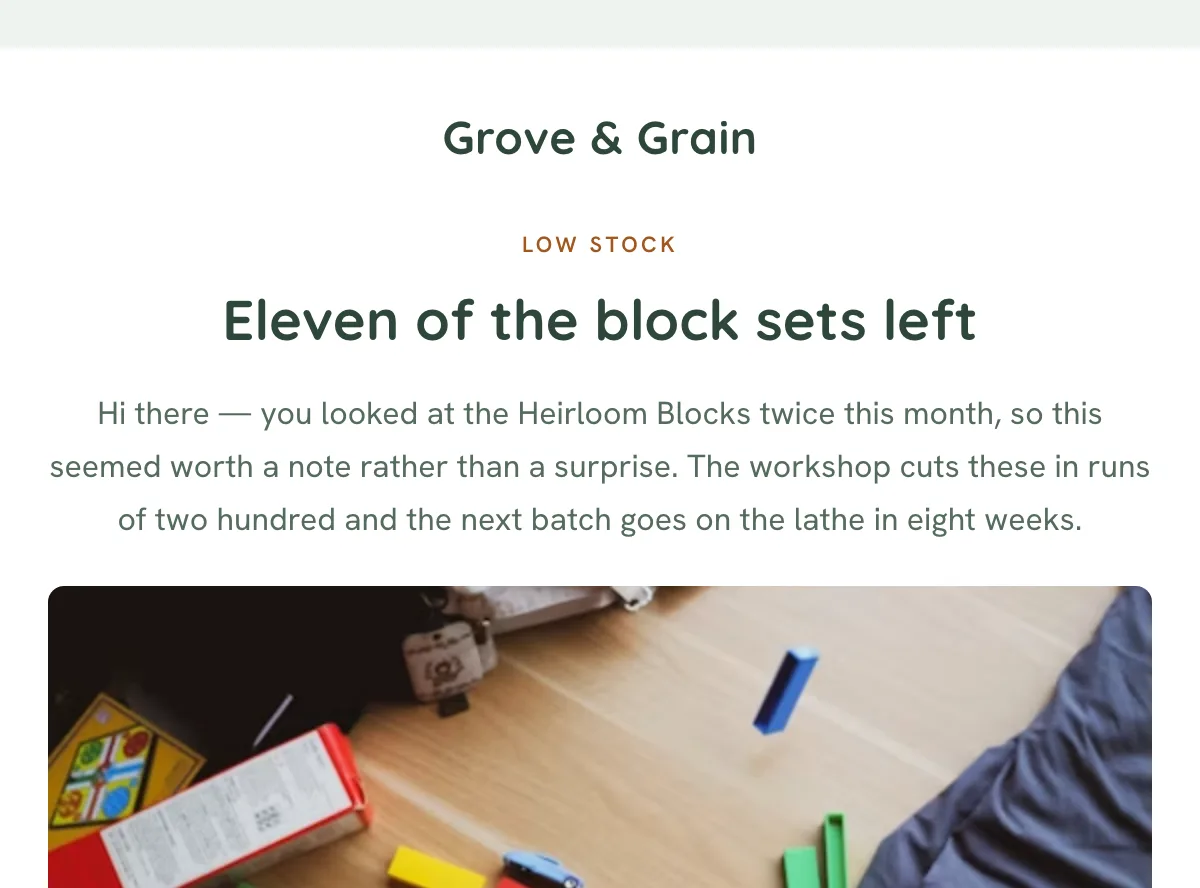 Wooden toy low stock alert — Klaviyo