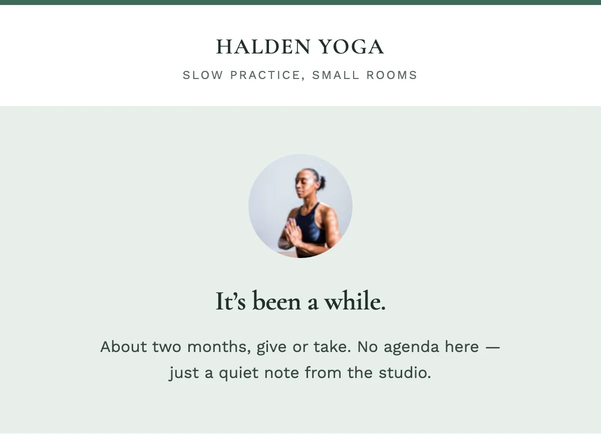 We miss you check-in for a yoga studio — Mailchimp