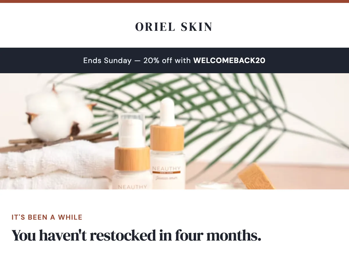 Win-back incentive for lapsed skincare buyers — Mailchimp